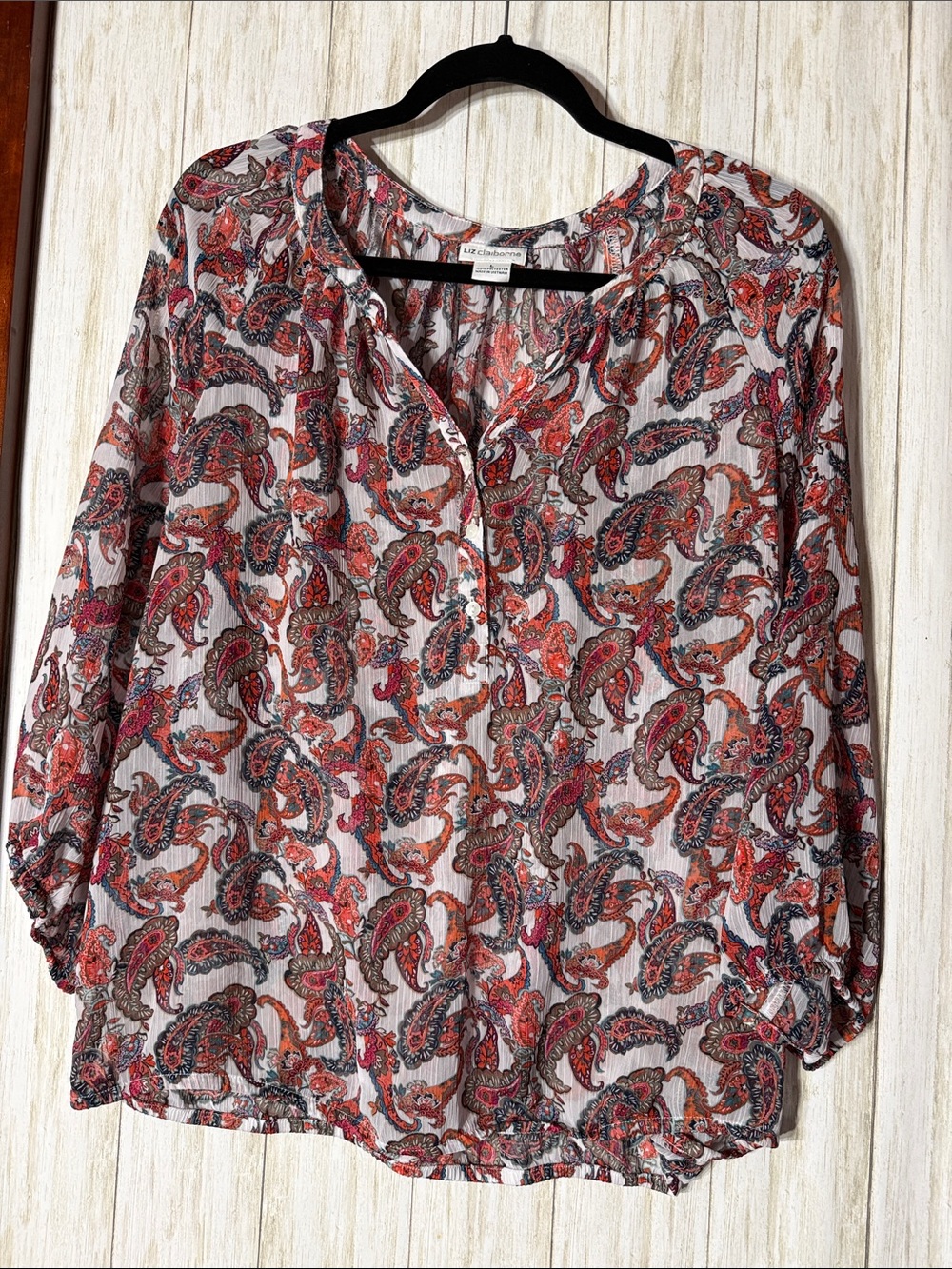 Liz Claiborne Red and Orange Paisley Button-Front Blouse